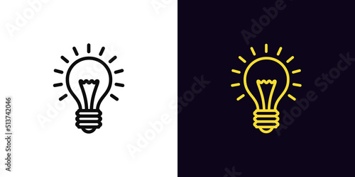 Outline electric lamp icon, with editable stroke. Lightbulb with rays of light, bulb pictogram. Idea and solution