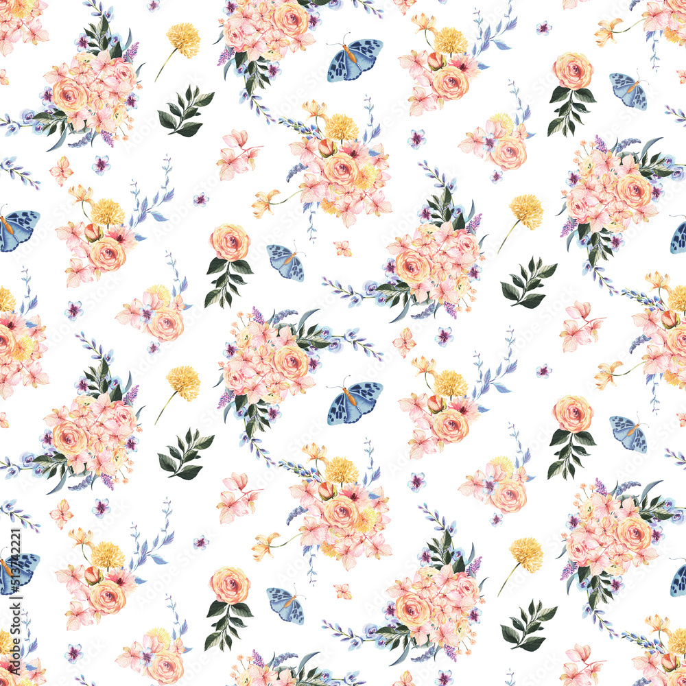 Fototapeta premium Delicate watercolor patterns with hydrangea, roses and other garden plants, delicate blue, peach and pink inflorescences