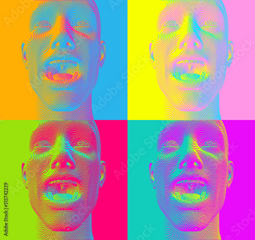 Portrait of screaming man with wide open mouth. Shock and awe. Full of emotions. Voxel art. 3D vector illustration.