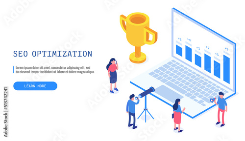 Team of people working together on SEO optimisation. Concept of  Seo optimisation. Web banner. Vector illustration..