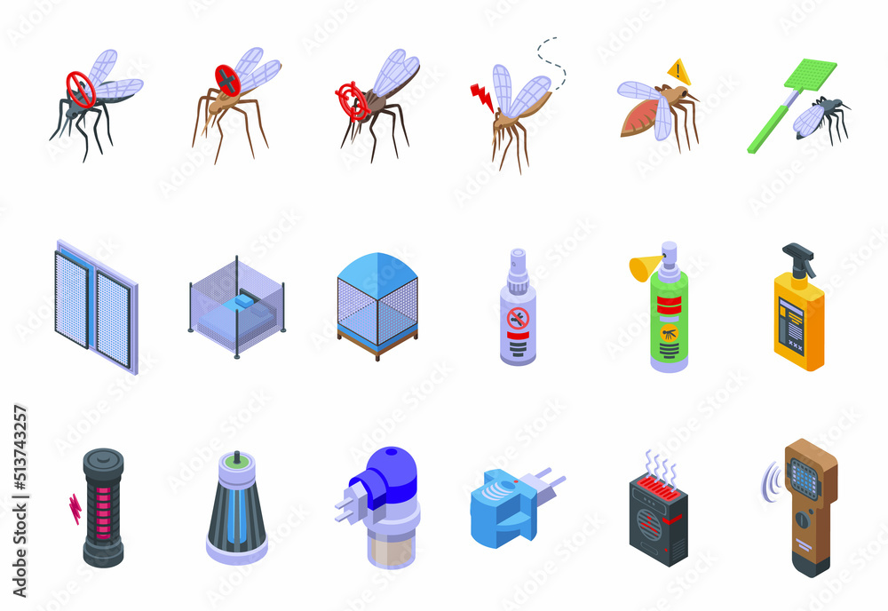 Fototapeta premium Mosquito protective icons set isometric vector. Aerosol bite. Insect repellent