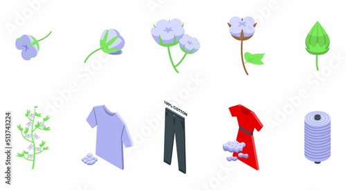 Cotton icons set isometric vector. Fabric flower. Soft bud