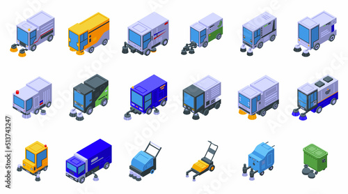 Sweeper icons set isometric vector. Street truck. Machine broom