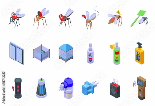 Mosquito protective icons set isometric vector. Aerosol bite. Insect repellent