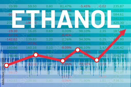 Text Ethanol on blue finance background with and red arrow. Futures market concept
