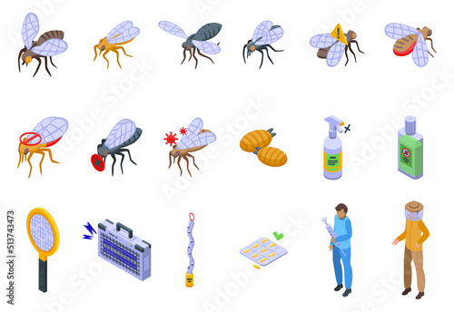 Tsetse fly icons set isometric vector. Dangerous disease. Insect housefly