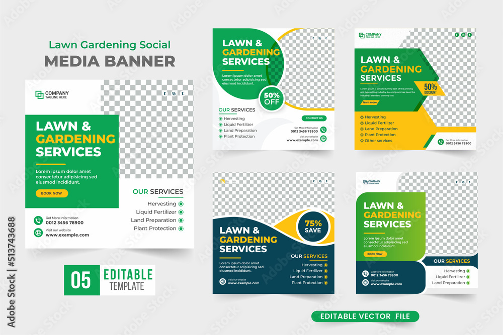 Lawn gardening social media banner collection with blue, green, and yellow colors. Garden cleaning and lawn mower business advertisement flyer set. Gardening and harvesting service template bundle.