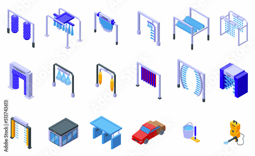 Automated car wash icons set isometric vector. Car auto. Vehicle transport