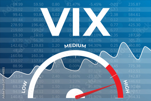 Volatility index VIX graph on blue finance background with numbers, indicator, text photo