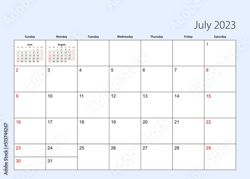 Wall calendar planner for July 2023. English language, week starts from Sunday.