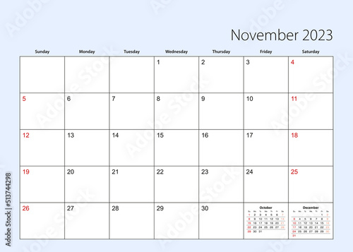Wall calendar planner for November 2023. English language, week starts from Sunday.