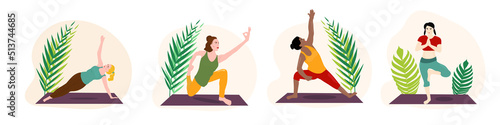 Different young women practice yoga poses on mat. Collection of girls doing sport exercises. Set of flat vector illustration with ladies