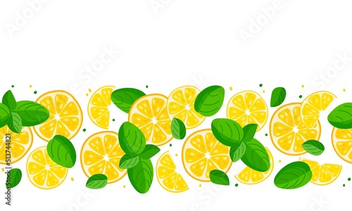 Seamless fruit pattern. Citrus fruits with leaves border on white background. Flat vector repeated isolated illustration For cafe menu  pack design  print design  poster  web banner