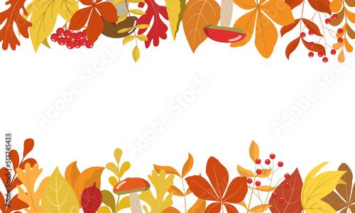Autumn forest leaves horizontal border frame. Seasonal leaves, cute mushrooms, and rowan berries. Great design for Thanksgiving day, harvest holiday. Isolated on white background.
