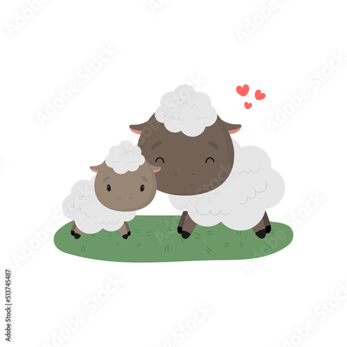 Cute Sheep with baby. Cartoon style. Vector illustration. For kids stuff  card  posters  banners  children books  printing on the pack  printing on clothes  fabric  wallpaper  textile or dishes.