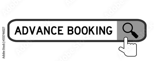 Search banner in word advance booking with hand over magnifier icon on white background