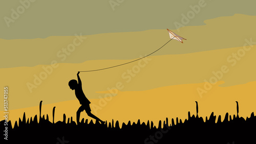Silhouette of child flying kites at sunset on the lawn. Vector illustration