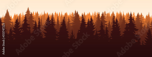 Vector autumn horizontal landscape with fog, forest, spruce, fir, and morning sunlight. Fall season Illustration of panoramic view silhouette, mist and mountains. Fire in the woods.