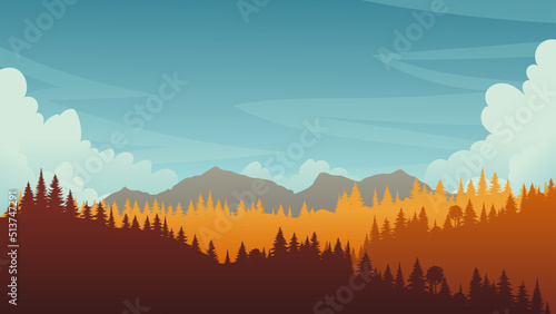 Autumn landscape. Panoramic of forest landscape silhouette with oak, pine. Cartoon yellow orange fall tree and mountains fall season gold leaves for national park with blue sky in evening.