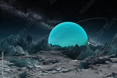 Planet Uranus from frozen satellite