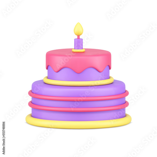 Birthday cake candy melting glaze with one burning candle anniversary celebration 3d icon vector