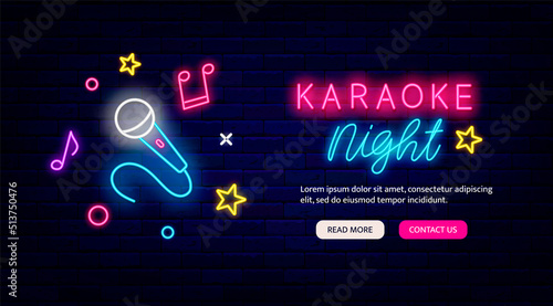 Karaoke night neon flyer. Landing page template. Microphone and notes. Vector stock illustration