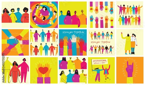 Group of people men, women are standing together. Concept of diversity, equality, tolerance, multicultural society. Vector set of multicultural people. photo