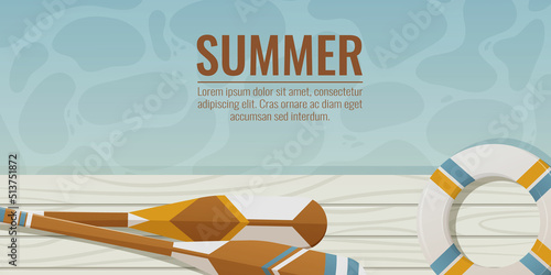 Oars on a wooden pontoon or pier near the water, lifebuoy. Vector illustration in nautical summer style with space for text. Background for banner, flyer, social media, advertisement or website.