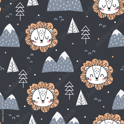 Cute hand drawn seamless pattern with lions  trees and snowy mountains. Creative scandinavian woodland background. cartoon animal doodle style. Vector illustration
