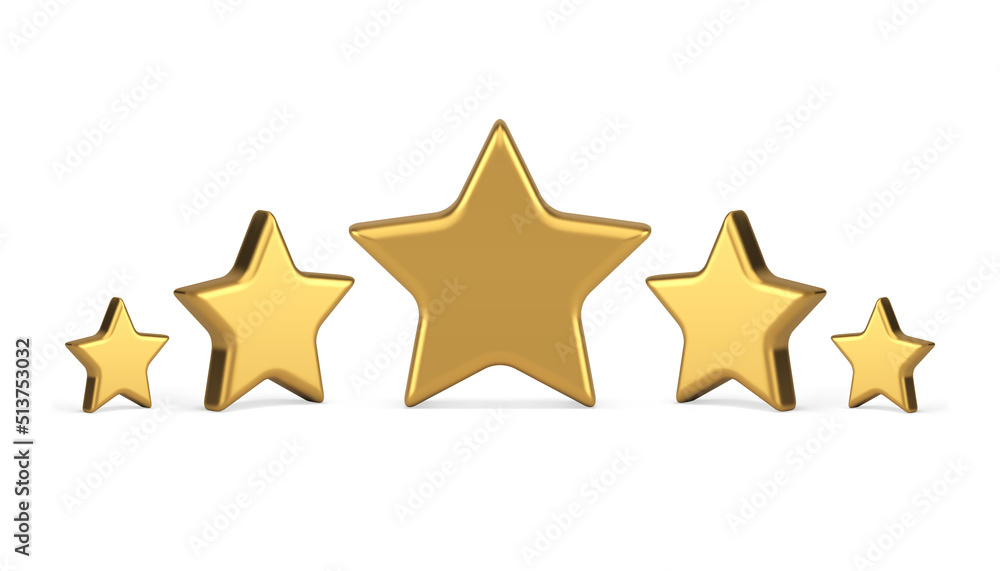 Five golden stars different shape premium quality rating evaluation badge realistic 3d icon vector Five golden stars different shape premium quality rating evaluation badge realistic 3d icon vector