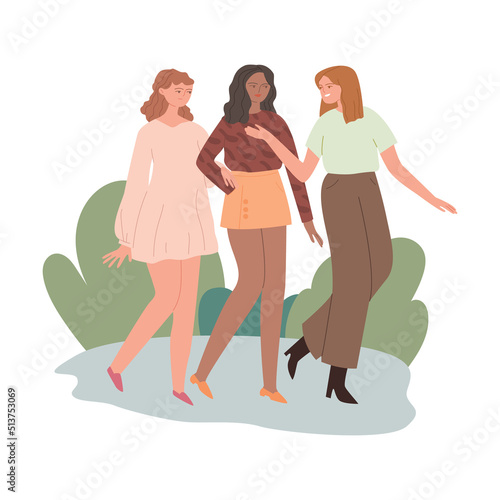 Three girlfriends are walking together. Happy women talk and relax while enjoying the good weather. Spending time with loved ones outdoors. Vector flat illustration isolated on white background.