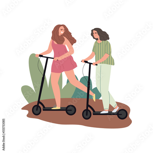 Two girlfriends ride scooters. Happy women talk and relax while enjoying the good weather. Active time spent with loved ones in nature. Vector flat illustration isolated on white background.