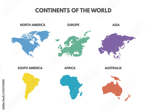 World map 6 continents isolated on white background. Continents of the world. Continents map set. Vector stock