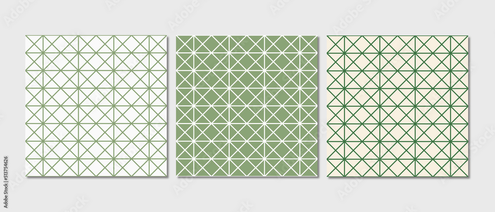 Set of vector seamless diagonal square abstract patterns. Seamless backgrounds in green and white colors.