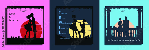 Silhouette couple of man and woman holding hands and kissing together under day and night sky on sun and moon background. silhouette art of man proposing to woman, man on his knee.