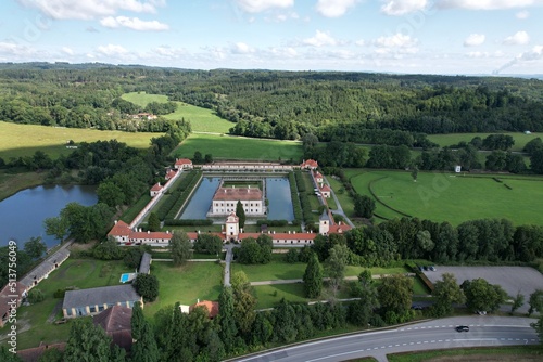 State castle Kratochvíle, picturesque renaissance residence surrounded by a moat and park, situated near Netolice, Bohemia, Prachatice district, Czech Republic-scenic aerial panorama view photo