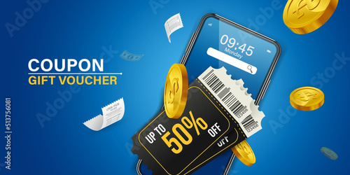 Coupon up to 50% off black rips floating in air with coin. all on  blue background.gift voucher 50% discount on shopping.summer offer ends weekend holiday.Big sale and super sale coupon code discount