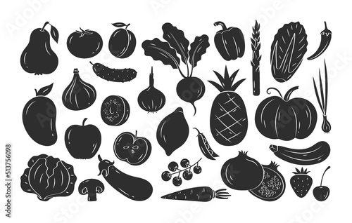 Hand drawn vegetables, fruits and berries. Vector set of silhouettes sketch food isolated on white background. Healthy lifestyle concept. Icons with apple, lemon, tomato, pineapple, strawberry, beet