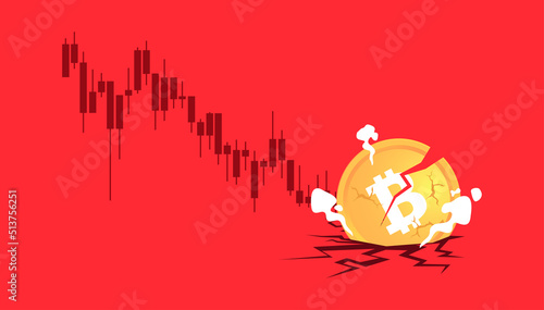 Bitcoin price going down. Bitcoin price falls to all time low. Bitcoin crash design. Vector