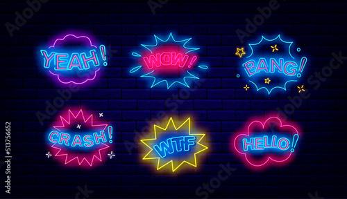 Comics speech bubbles neon signs collection. Crash, wow and new. Bang, yeah and wtf. Pop art design. Vector illustration