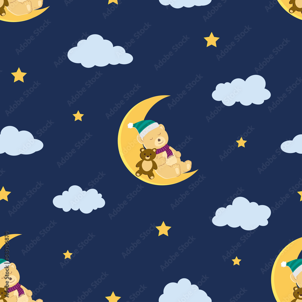Naklejka premium Cute cartoon seamless pattern with bear sleeping on the moon for decorative,fabric,textile,kid product and all print