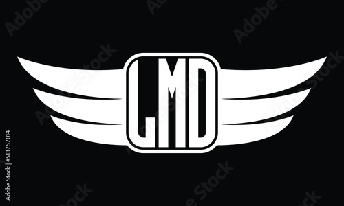 LMO three Letter Wings Flying Initial wing symbol minimalist creative concept flag icon professional logo design Vector template with abstract black and white tattoo