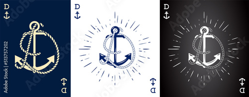 Set of three Vintage Label with an Anchor and Letter made of Ship Rope. Apparel t-shirt or Poster Design. Logotype Monogram with Playing Cards Style. Vector illustration.