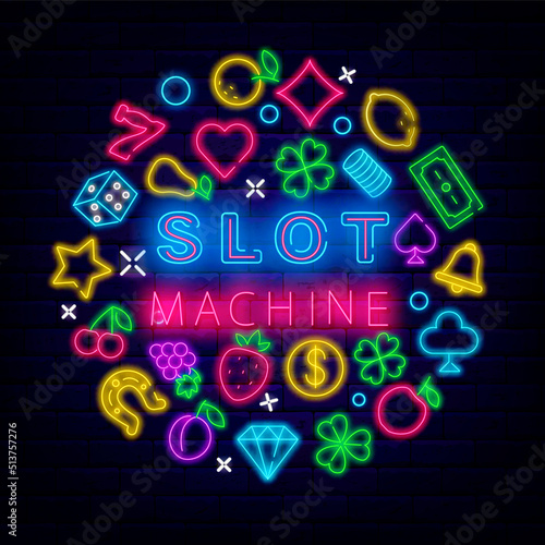 Slot machine neon circle layout with headline text. Jackpot signboard. Vector stock illustration