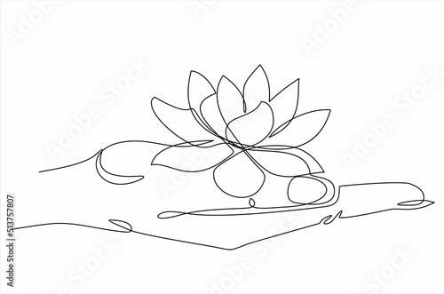 Continuous one line drawing. Abstract hand holding Lotus flower . Vector illustration
