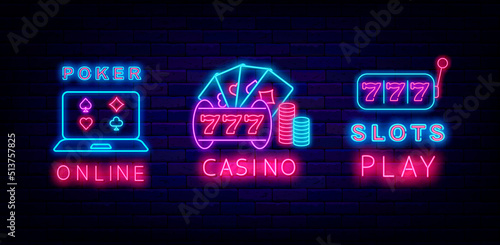 Casino neon signs collection. Poker online. Slots play label. Glowing game badges. Vector stock illustration