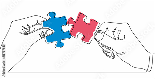 One continuous line drawing of two hands holding puzzle pieces to unite them as sign to start business collaboration. Jigsaw wooden puzzle on white background. Concept of connection