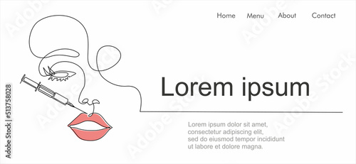 Continuous line beauty surgery concept. One line female portrait. One line syringe, lip filters