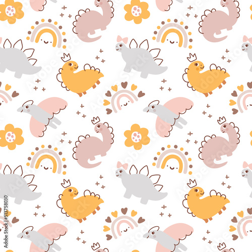 Cute Hand drawn girl dino seamless pattern. Children pattern with dinosaur, flower and rainbow for fashion clothes, shirt, fabric. Scandinavian kids design