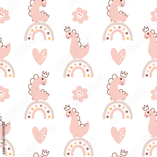 Cute vector kids Princess girl seamless pattern with hand drawn dino, flower and rainbow. Creative childish illustration background for fabric, textile